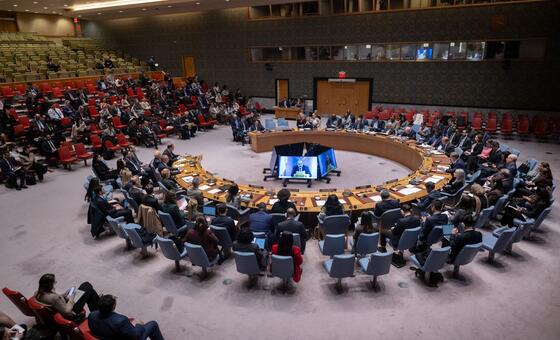 A wide view of the UN Security Council meeting on the situation in the Middle East, including the Palestinian question.